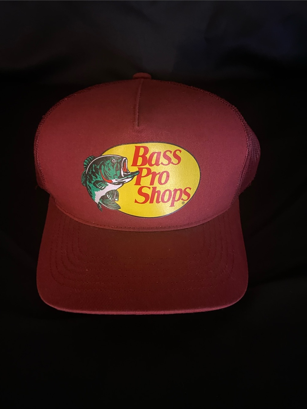 Bass Pro Shops Burgundy Cap with Yellow Logo and Green Fish